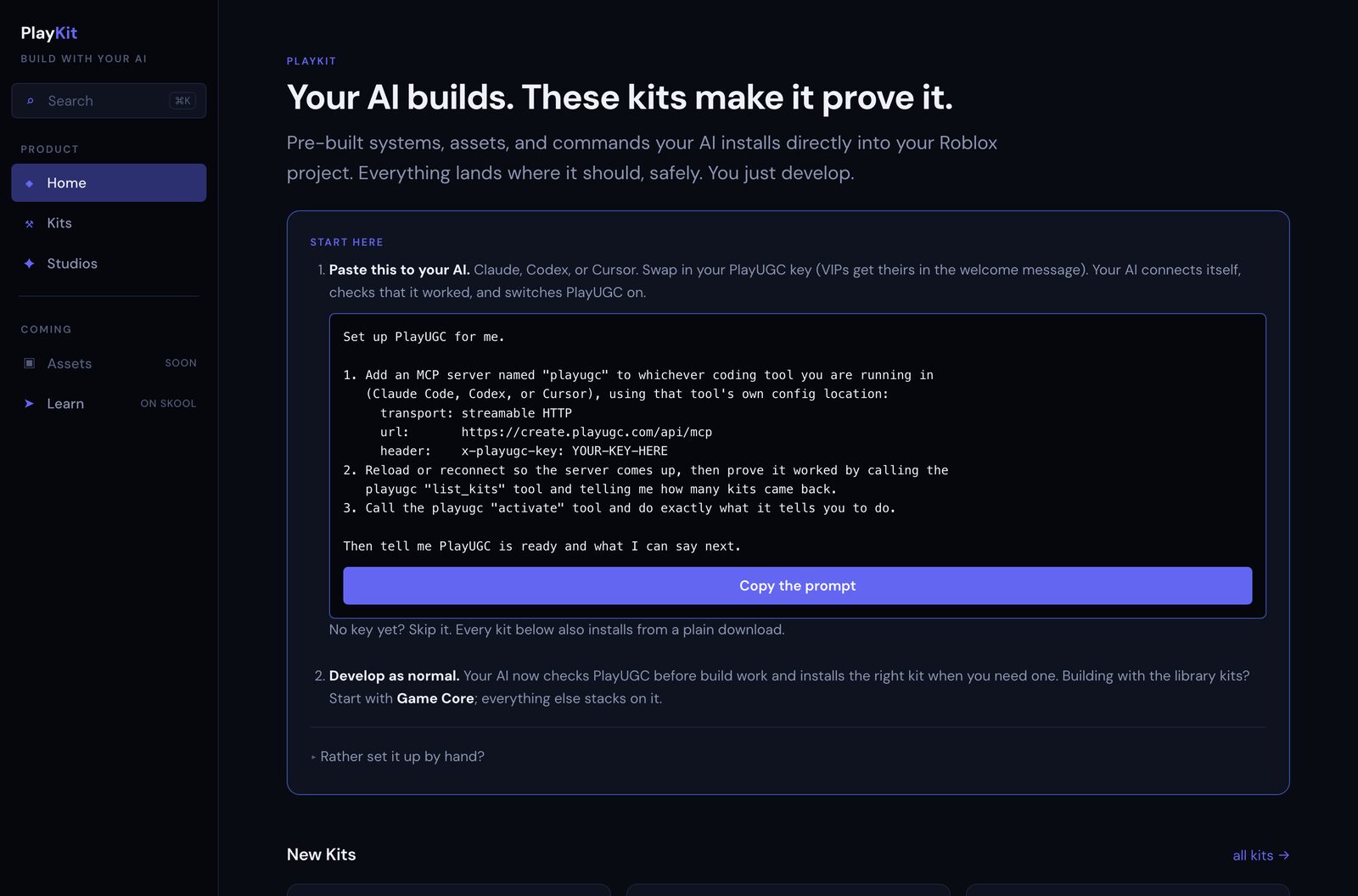 The real PlayKit app: the one prompt you paste to connect your AI, with the kit catalog below it.