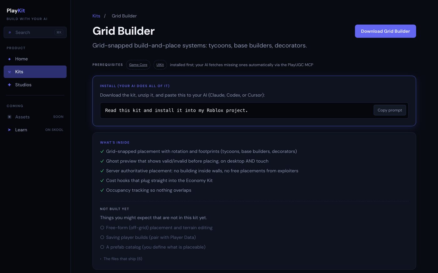 A real kit page in PlayKit: Grid Builder, with its prerequisites, the install prompt, what is inside, and the honest list of what is not built yet.