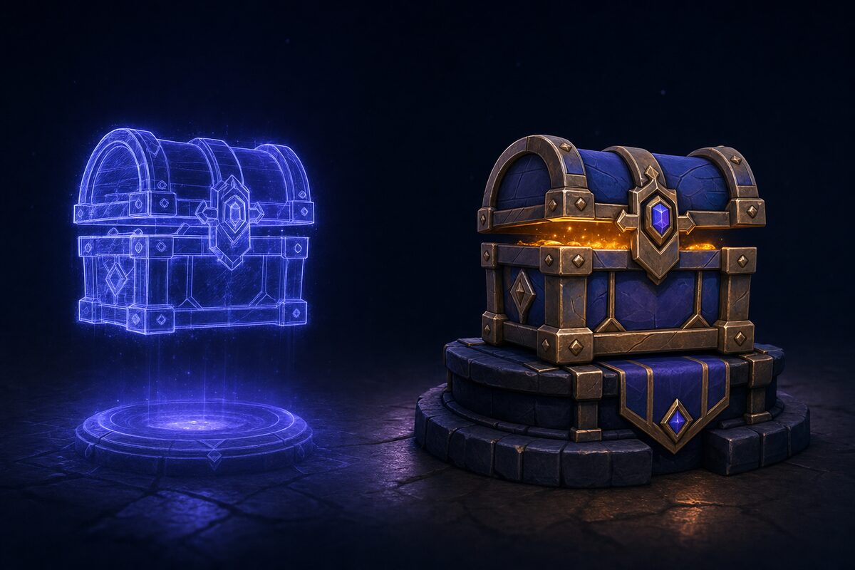 A glowing concept hologram of a treasure chest on the left, and the same chest finished as a polished 3D game prop on the right.
