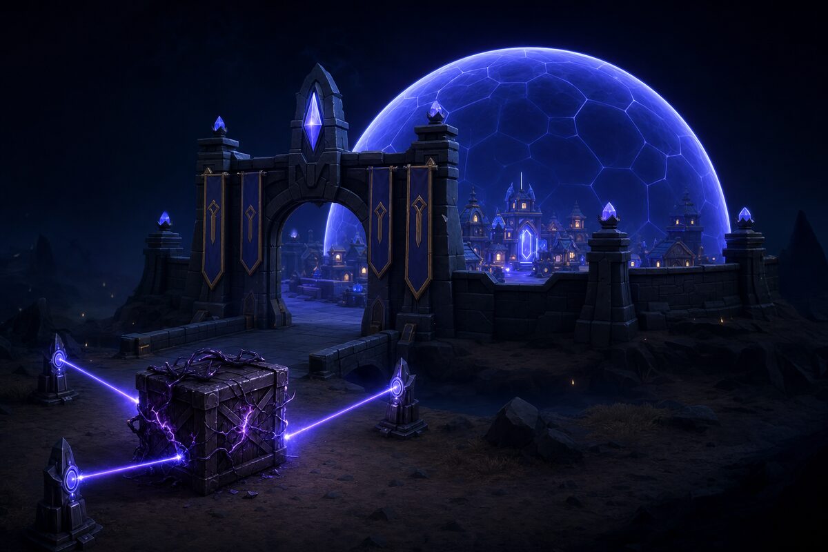A shield dome protecting a small glowing village, while scanning beams inspect a corrupted crate held outside the gate.